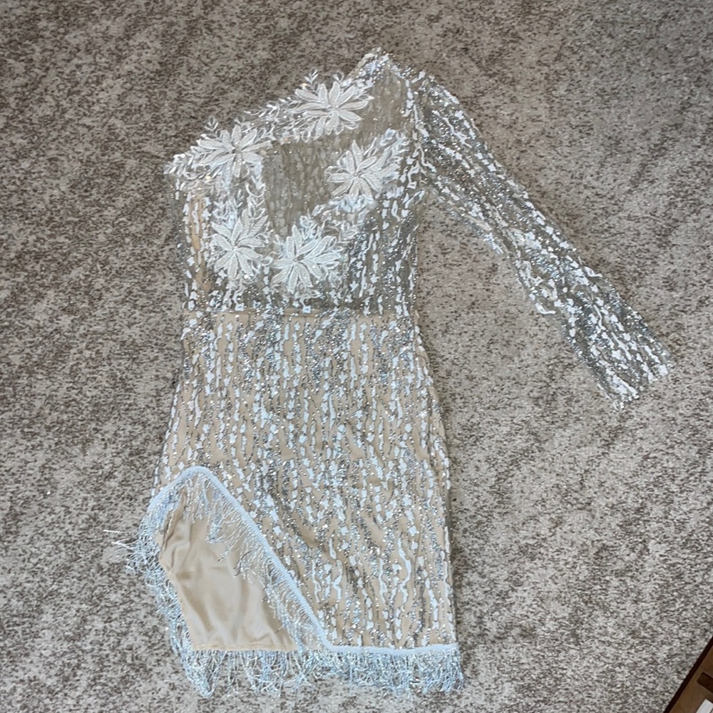 Off the shoulder white and silver mini dress